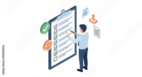 Businessman completing a checklist on a large clipboard.