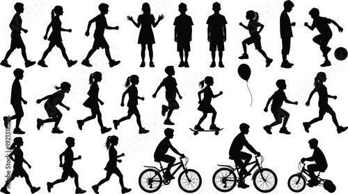 Black silhouettes of children playing running walking riding bicycles skateboards