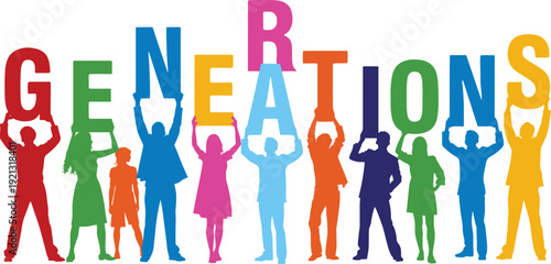 Colorful silhouettes of people holding up letters to spell out generations