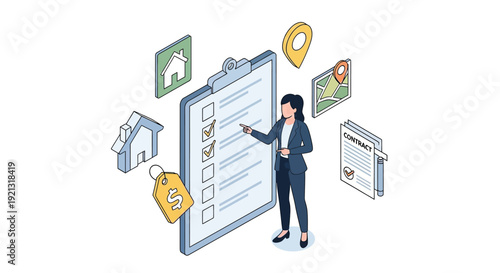 Businesswoman checking property checklist for real estate investment.