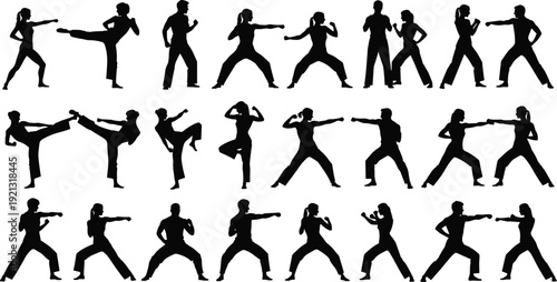 Black silhouettes of people practicing martial arts in various fighting stances kicking