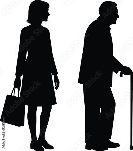 Black silhouette of senior couple standing side by side people
