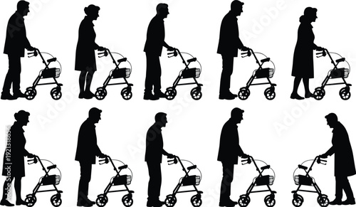 Silhouettes of elderly people walking with rollators walker