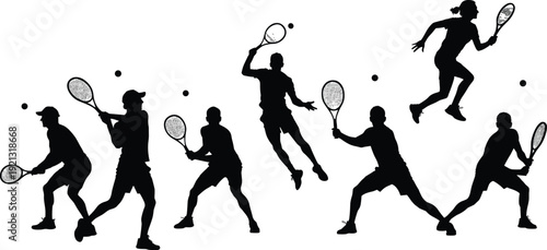 Black silhouettes of people playing tennis with rackets and balls white background