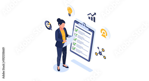 Businesswoman managing tasks and projects with a large checklist.