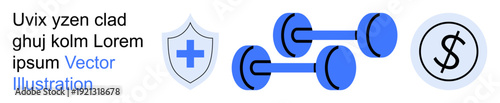 Health promotion, fitness, financial growth, economic well-being, healthcare, gym training. A shield with a cross, two dumbbells and a dollar sign. Health promotion and fitness concept