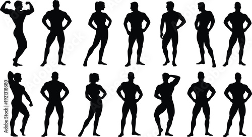 Black silhouettes of people posing in various stances poses bodybuilders fitness