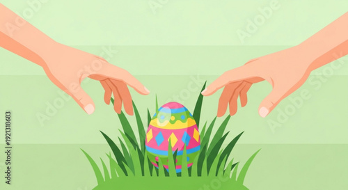 Hands reaching for colorful easter egg in green grass