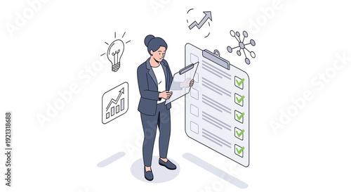 Businesswoman reviewing checklist for project management and task completion.