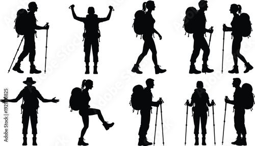 Black silhouettes of people hiking with backpacks and trekking poles