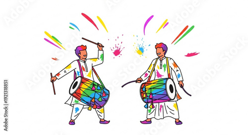 Two men in traditional indian attire playing colorful drums with vibrant paint splashes around them in celebration