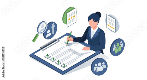 Isometric illustration of a businesswoman completing a checklist on a clipboard.