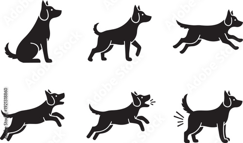 A collection of six silhouette icons depicting a dog in various common poses and actions