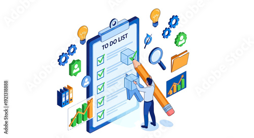 Isometric illustration of a person completing a to-do list on a large clipboard.