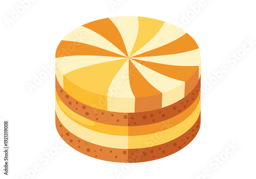 Vibrant Multi-Layered Orange Yellow 3D Cake Illustration with Decorative Textures in Vector Art Style