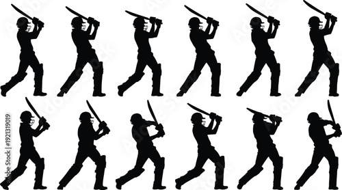 Cricket player silhouettes swinging bats in various poses black white background