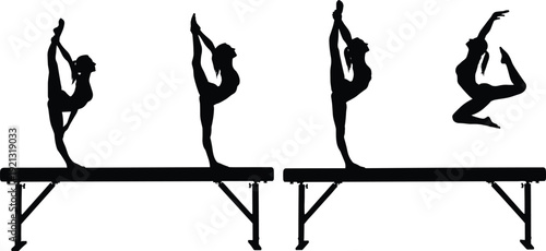 Gymnastics poses on balance beam silhouettes women athletic poses