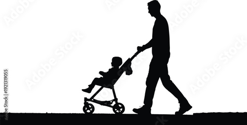 Silhouette of man pushing stroller with child baby