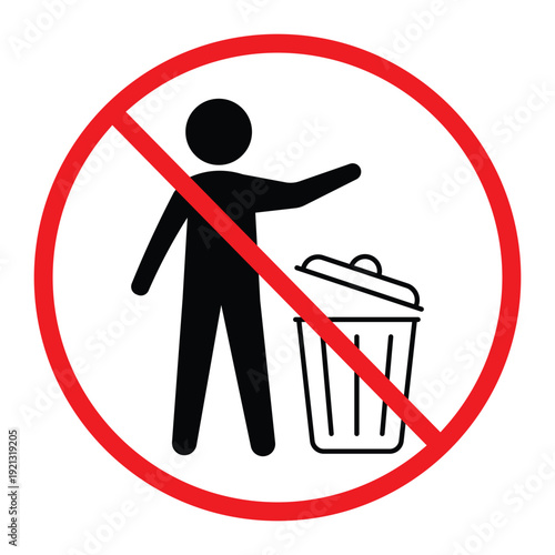 No littering prohibition sign showing a person throwing trash into a bin crossed by a red circle and diagonal line. Simple black pictogram on light background, ideal for public notice, hygiene and saf