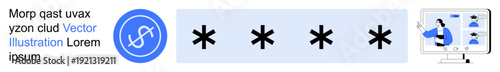 Cybersecurity, password management, user authentication, data protection, secure access, online verification. Lock icon, asterisks passwords and user verification on a screen. Cybersecurity