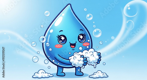 Smiling water droplet character with soap bubbles on a blue background