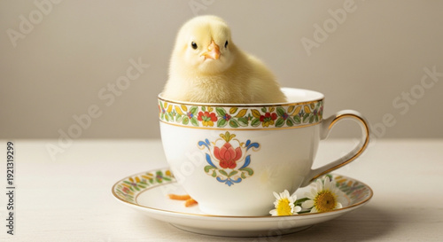 Adorable yellow chick sitting in a colorful teacup on saucer with floral design