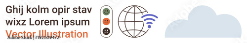 Internet access, cloud computing, data storage, online communication, network security, user feedback. Globe with wireless signal, cloud icon colored emotion traffic light. Internet access and cloud