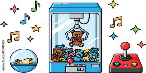 Claw machine set with a teddy bear crane game, arcade joystick, prize capsules, musical notes and stars on white background.