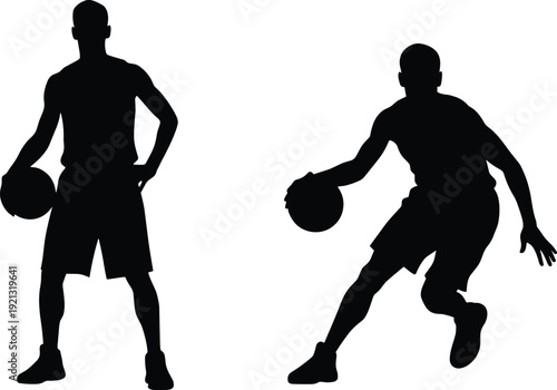 Two black silhouettes of men playing basketball with balls sports athletic