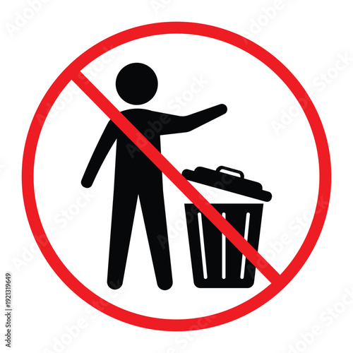 No littering prohibition sign showing a person throwing trash into a bin crossed by a red circle and diagonal line. Simple black pictogram on light background, ideal for public notice, hygiene and saf
