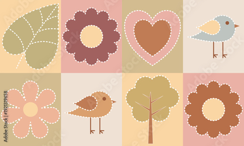 Seamless Woodland Floral Pattern with Birds Hearts and Patchwork Blocks
