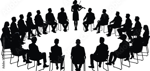 Silhouette of people sitting in a circle listening to a woman playing the violin