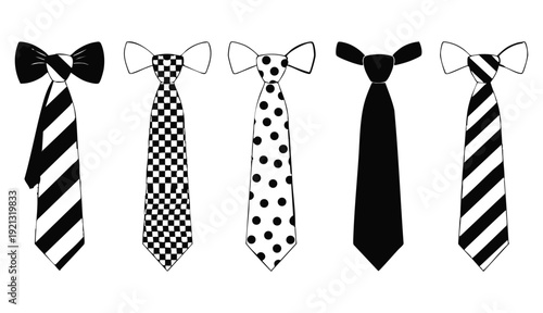A minimalist, vector-style illustration featuring five distinct neckties arranged horizontally in a row against a clean white background,
