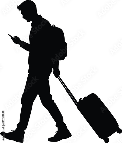 Man walking with luggage and looking at phone silhouette black white background