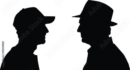Black silhouettes of two men facing each other wearing hats white background