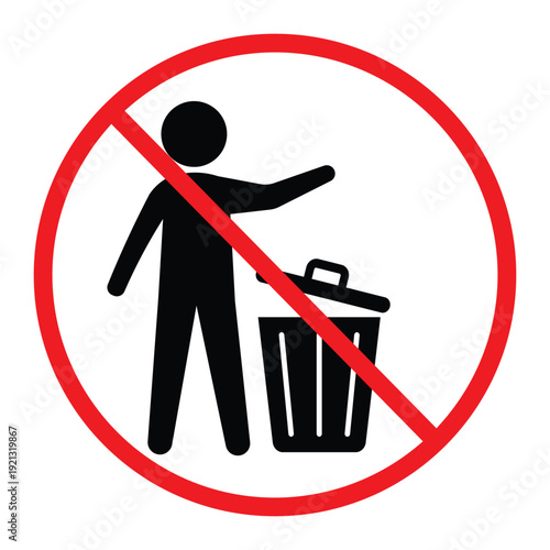 No littering prohibition sign showing a person throwing trash into a bin crossed by a red circle and diagonal line. Simple black pictogram on light background, ideal for public notice, hygiene and saf