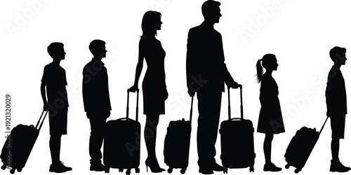 Black silhouettes of family with luggage standing in line people suitcases