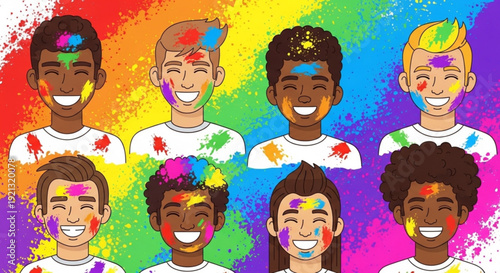 Diverse group of smiling people with colorful paint on their faces and clothes celebrating diversity and inclusivity with vibrant rainbow background