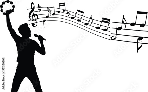 Silhouette of man holding microphone and tambourine with musical notes musician singer