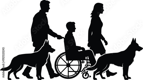 Black silhouette of family with one child in wheelchair and two guide dogs people