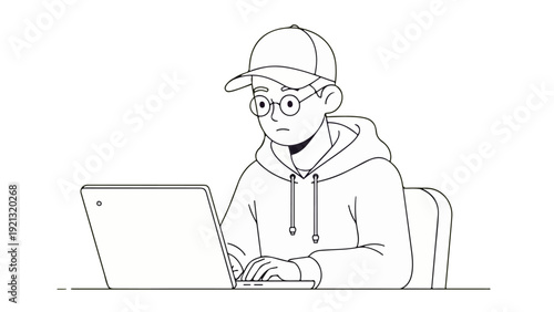 Focused Young Developer or Student Working on Laptop - Modern Line Art Illustration