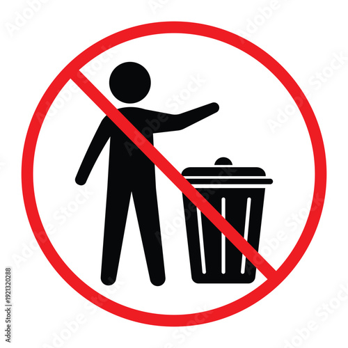 No littering prohibition sign showing a person throwing trash into a bin crossed by a red circle and diagonal line. Simple black pictogram on light background, ideal for public notice, hygiene and saf