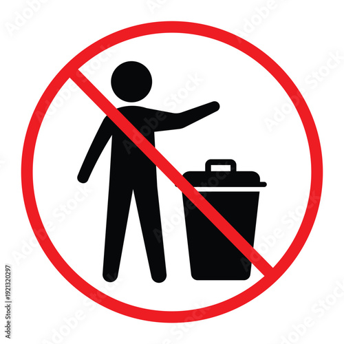 No littering prohibition sign showing a person throwing trash into a bin crossed by a red circle and diagonal line. Simple black pictogram on light background, ideal for public notice, hygiene and saf