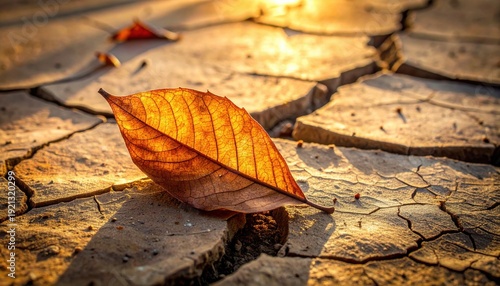 A single desiccated leaf resting upon intensely cracked earth, dramatically illuminated by sharp sidelighting in minimalist nature photography, FlyPro Firefly.