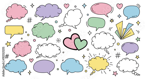 Collection of colorful hand-drawn speech bubbles and icons.