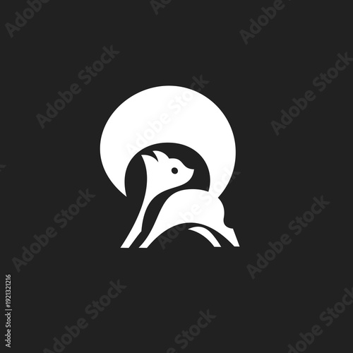 Minimalist White Fox or Squirrel Silhouette Leaping with Curved Tail on Black Background