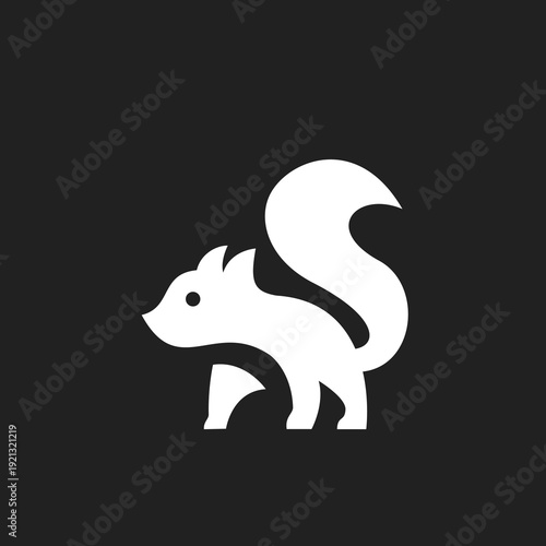 Modern Minimalist White Squirrel Logo Icon Standing on Black Background