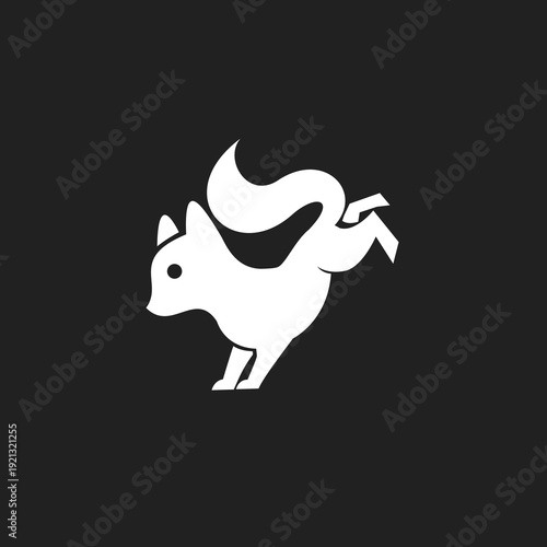 Stylized White Squirrel Logo Running on Black Background