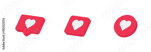 A set of three distinct 3D rendered icons representing a 'like' or 'heart' reaction, featuring a white heart shape on a vibrant pink/magenta base, presented in different forms (a speech bubble shape)