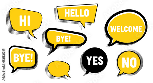 Collection of Yellow Speech Bubbles with Words.